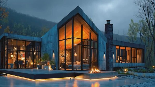Cozy Abode: An inviting modern architectural house in a serene mountainous area at dusk, featuring expansive windows that showcase a warm interior light, and a cozy fireplace.