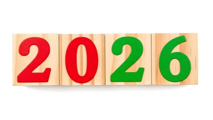 Wooden blocks with red numbers 202 and green number 6 forming the year 2026