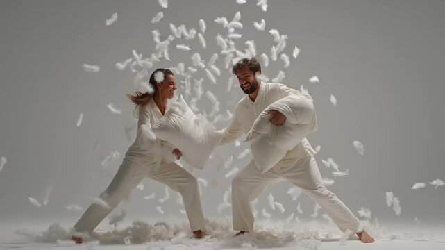 Valentine's Day: A playful couple engaging in a fun pillow fight in a video