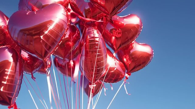 Valentine's Day: A video showcasing a romantic bunch of red heart-shaped balloons floating in the clear blue sky on a lovely day