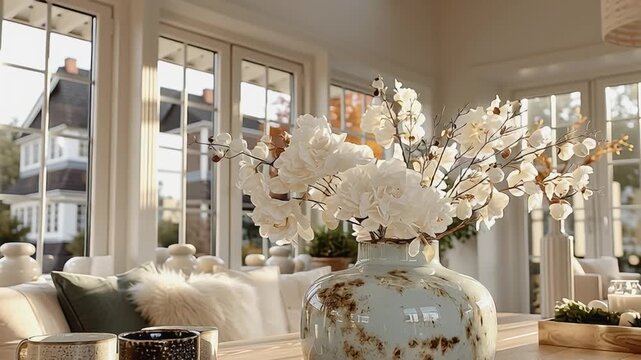 Elegant Interior: A floral arrangement sits gracefully on a table in a sunlit living room, with a view of an elegant building through large windows.