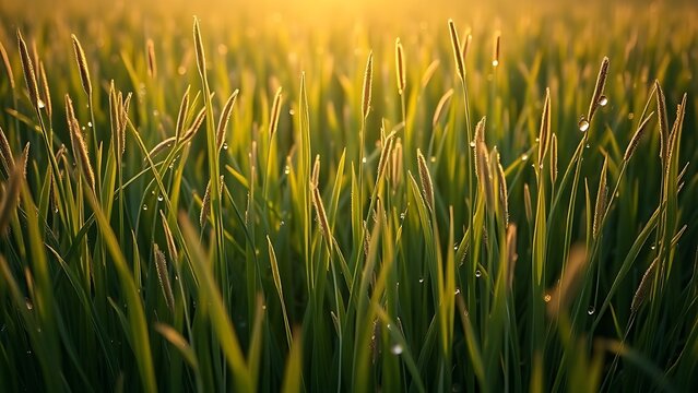 Dew-kissed ryegrass meadow at dawn, morning light on slender blades.