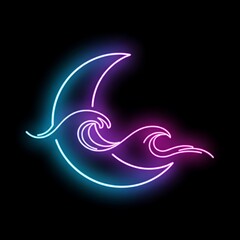 Obraz premium Abstract neon waves and moon crescent design with vibrant cyan and magenta glow