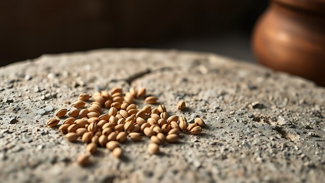 Ancient wheat seeds scattered on a stone millstone, an earthenware pot in background.