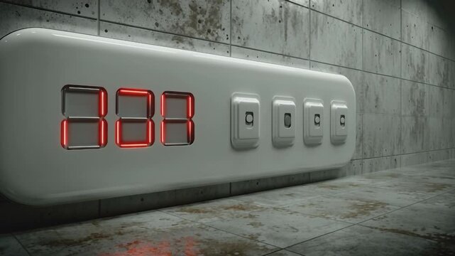 Futuristic Clock in Industrial Setting: A contemporary digital clock with illuminated red numerals and a series of buttons set against a textured industrial wall, representing time and technology.