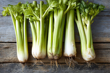 Obraz premium Fresh celery stalks with roots arranged in a vertical display on wooden table Generative AI