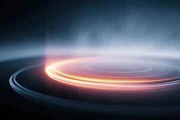 Abstract digital background featuring glowing circular light patterns with soft gradients and misty effects, creating a futuristic and ethereal atmosphere in dark tones