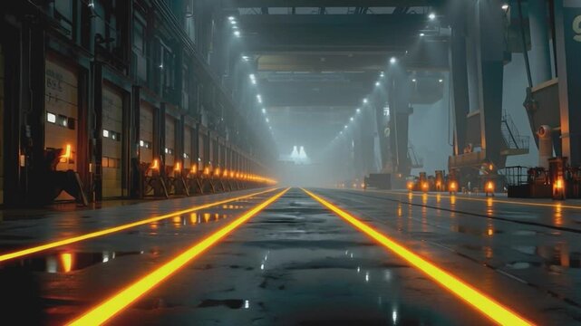 Industrial Path: An empty industrial corridor is illuminated by soft light casting a dramatic and dynamic atmosphere in an industrial setting. 