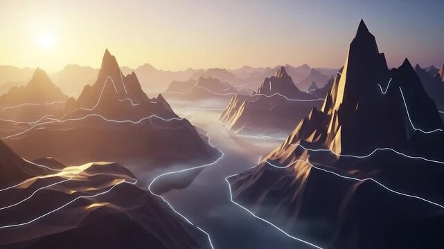 Low poly style rendering of a mountain range with glowing white lines, sunset