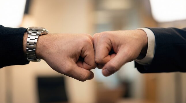 Two professional business hands performing a celebratory fist bump gesture in a corporate office symbolizing successful partnership and teamwork concept.