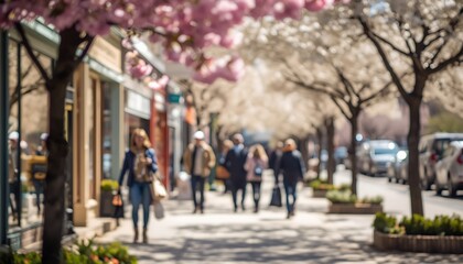 People Walking on Bright Spring Shopping Street with Blooming Trees, Airy Daylight, Lifestyle Travel Scene