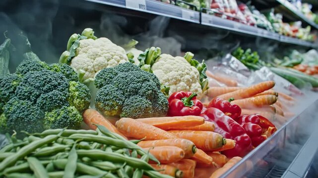 Fresh vegetables displayed in supermarket with cooling mist flowing over produce