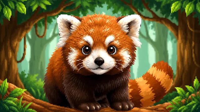 Pixelated artwork of a red panda sitting on a log, surrounded by lush green foliage