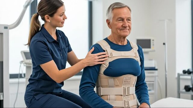 Physiotherapist assisting elderly patient with back brace adjustment in rehabilitation session