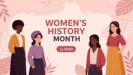 Women's history month celebration with diverse group of women standing together