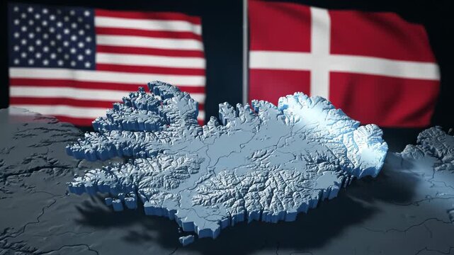 Iceland map showing light glow animation with denmark and united states flags