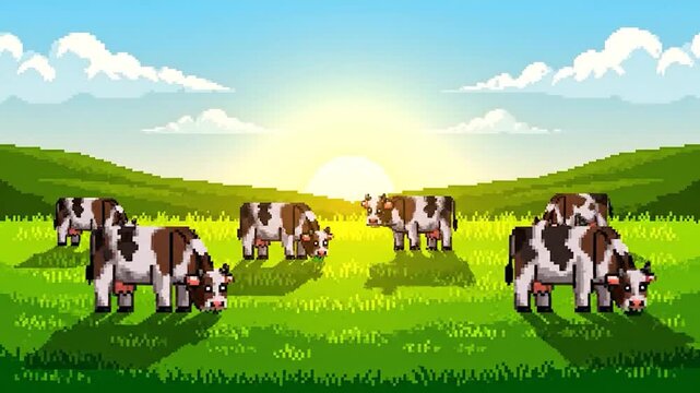 Pixelated illustration of cows grazing in a green field during sunset, with pixelated sun and clouds