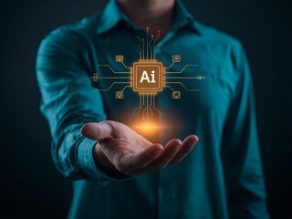 Glowing AI chip floating above an open hand. Artificial intelligence, innovation, and future technology concept.