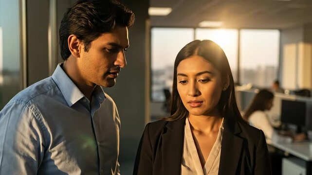 Romantic Interaction Between Young Professionals in Modern Office Environment During Sunset