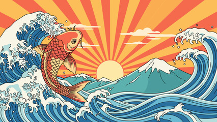 Psychedelic fish on waves illustration for wall art, tattoo designs, merchandise, and creative projects
