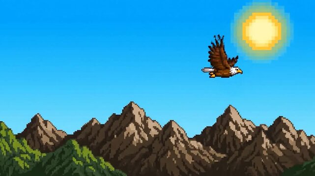 Pixelated artwork showing an eagle soaring across a blue sky above mountains and a sun