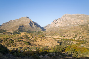 Obraz premium Sunlit mountain range with rocky slopes and scattered olive groves near Preveli, Crete. Warm, clear light accentuates the dry terrain and natural Mediterranean vegetation under a cloudless sky.