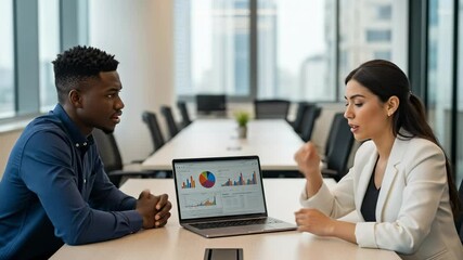 Business Meeting with Diverse Professionals Analyzing Data on Laptop in Modern Office Environment - Powered by Adobe