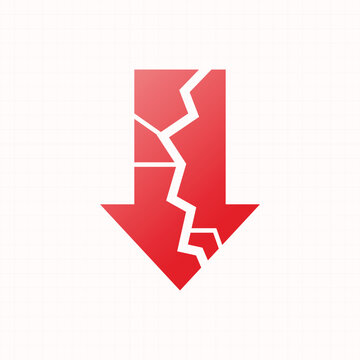 Financial loss red broken arrow pointing down vector illustration for economic crisis and recession concept
