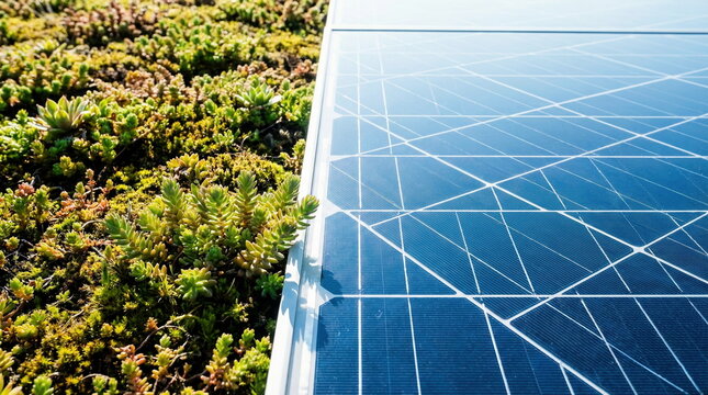 Solar panel integrated with a vibrant green roof of sedum plants, symbolizing sustainable energy and eco-friendly urban design.
