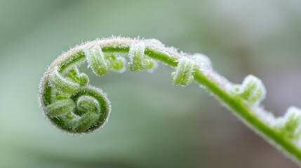 Macro close-up of a curled fern fiddlehead covered in fresh dew, glowing softly in morning light. gardening catalogs, botanical decor guides.