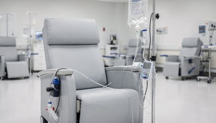 Medium shot of a recliner chair with connected antibiotic IV setup in an open infusion bay capturing the medical device details while softly blurring other chairs and clinical