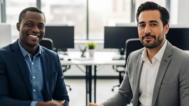 Business Networking: Successful Meeting Between Young African American and Hispanic Professional Men in Modern Office