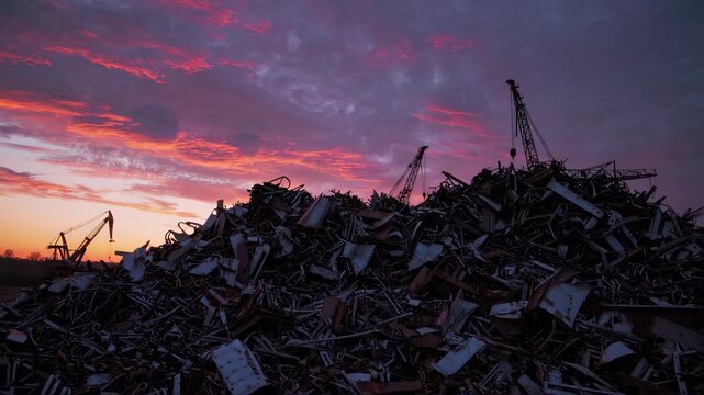 Industrial scrapyard with cranes at sunset under vibrant sky