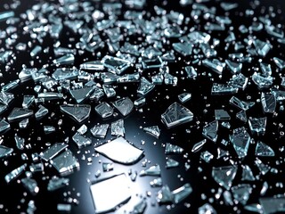 Shattered glass shards scattered across a dark, broken surface, reflecting a distorted light,  background,  glass