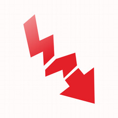 Economic collapse shattered red zigzag arrow falling down vector icon for banking crisis and recessions