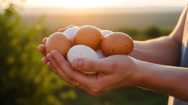 Hands holding a dozen brown and white eggs outdoors at sunrise or sunset with a natural landscape view