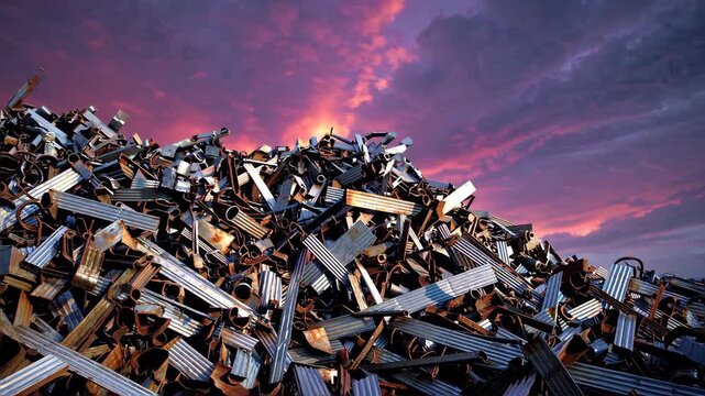 Pile of industrial metal scrap under vibrant sunset sky