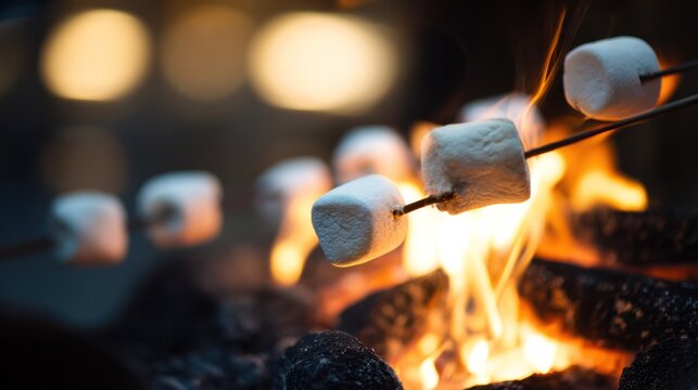 Roasting marshmallows over a glowing fire in an outdoor grill, evoking warm and cozy evening gatherings. lifestyle magazines.