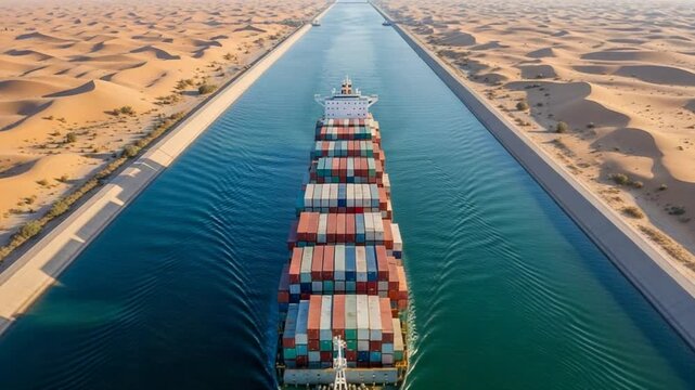 Aerial view of large container ship navigating through Suez Canal surrounded by desert landscape cargo ship