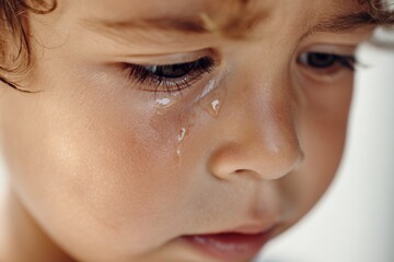Fototapeta premium Tearful young caucasian child's close-up expression of sadness