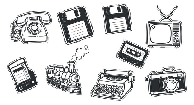 A collection of vintage technology icons including a telephone, floppy disks, a cassette tape, a television, and a typewriter in black and white outline vector style, ideal for retro-themed designs