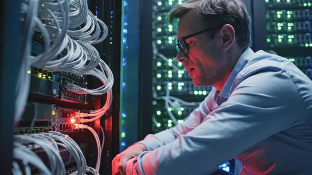 Stressed male IT technician holding head in hands in a server room. Frustrated network engineer dealing with a system crash or error. Cybersecurity crisis concept
