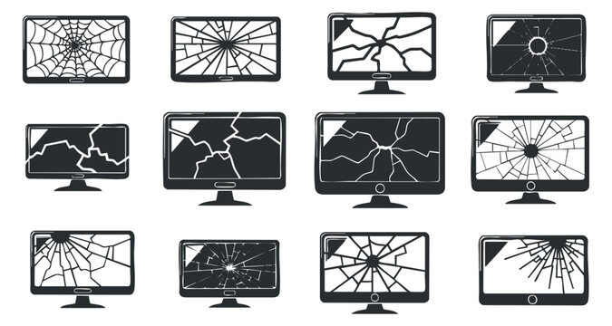 A collection of broken computer screens with various crack patterns in black and white vector style, ideal for tech-related designs and illustrations