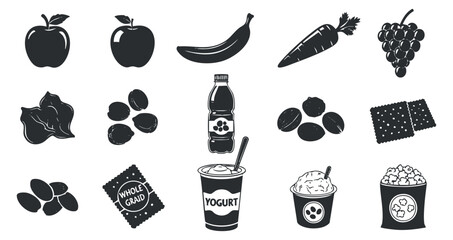 Naklejka premium A set of healthy food icons including fruits, vegetables, snacks, and dairy products in black and white vector style, perfect for dietary and wellness projects