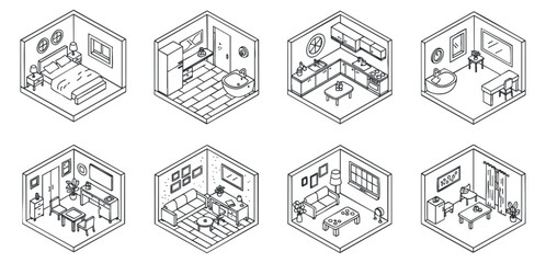 A collection of isometric interior room designs including a bedroom, kitchen, bathroom, and living area in minimalist vector style, ideal for architecture and design projects