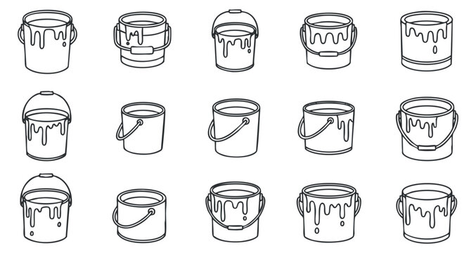 A collection of paint buckets with various designs in a clean line art style, suitable for home renovation projects