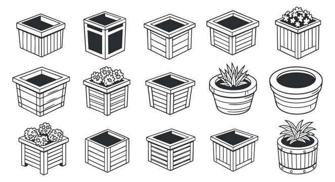 A collection of various flower pots and planters in black and white minimalist vector style, suitable for gardening and home decor projects