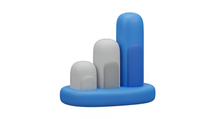 A 3D business growth chart icon with blue and gray bars, symbolizing market data analysis and financial progress, isolated on transparent background