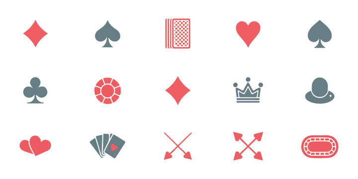 Casino and poker game icon set with suits chips crown hat and table modern design elements vector