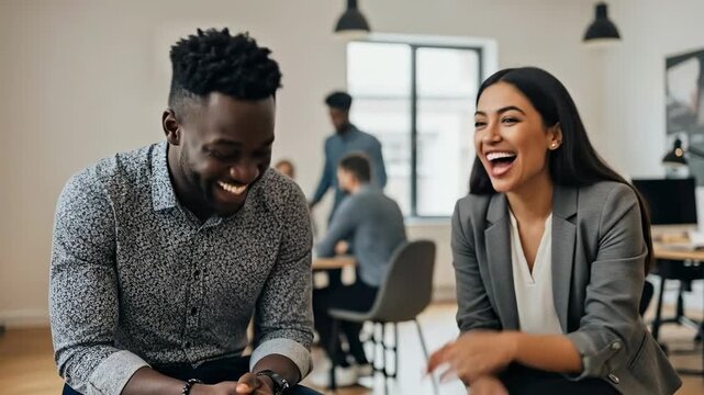 Diverse Male and Female Professionals Engaging in Conversation in Modern Office Environment